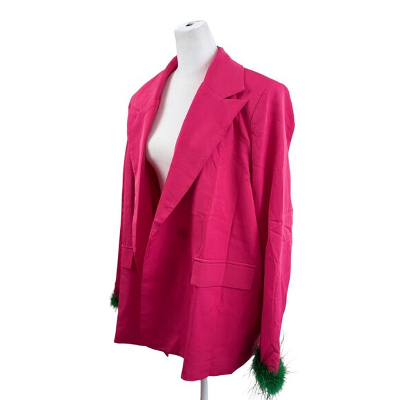 NWT PrettyLittleThing Hot Pink Oversized Blazer with Green Feather Cuffs - Picture 2 of 7